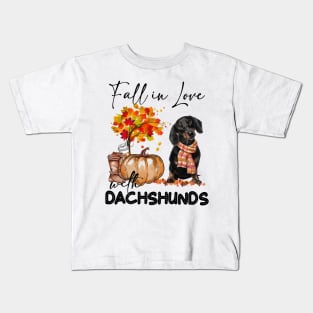 Fall In Love With Dachshunds Dog Fall Pumpkin Thanksgiving Kids T-Shirt